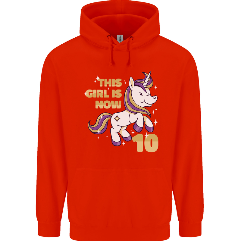 10 Year Old Birthday Girl Magical Unicorn 10th Childrens Kids Hoodie Bright Red