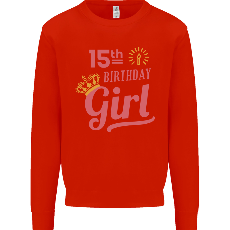 15th Birthday Girl 15 Year Old Princess Kids Sweatshirt Jumper Bright Red