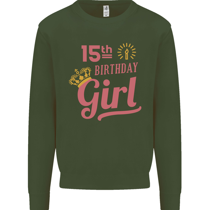 15th Birthday Girl 15 Year Old Princess Kids Sweatshirt Jumper Forest Green