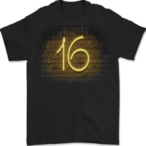 16th Birthday Neon Lights 16 Year Old Mens T-Shirt 100% Cotton BLACK