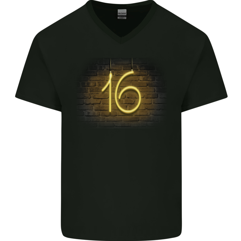 16th Birthday Neon Lights 16 Year Old Mens V-Neck Cotton T-Shirt Black