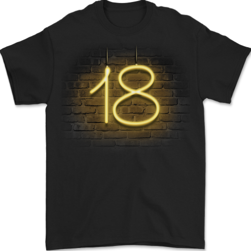 18th Birthday Neon Lights 18 Year Old Mens T-Shirt 100% Cotton BLACK