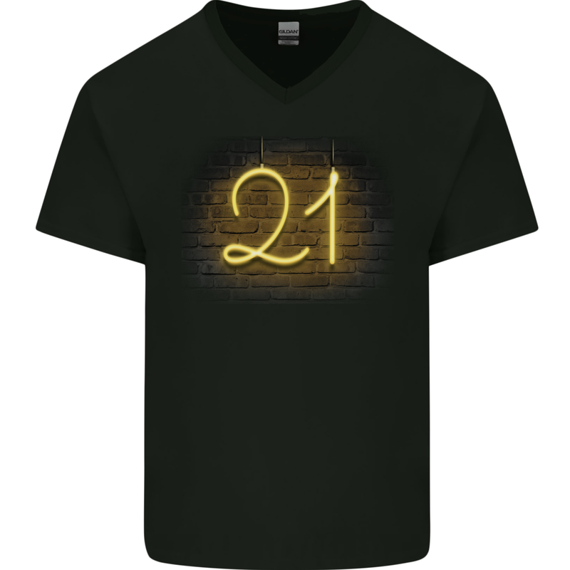 21st Birthday Neon Lights 21 Year Old Mens V-Neck Cotton T-Shirt Black