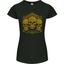3 Ornate Gold Skulls Gothic Goth Womens Petite Cut T-Shirt Black