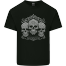 3 Ornate White Skulls Gothic Goth Kids T-Shirt Childrens Black