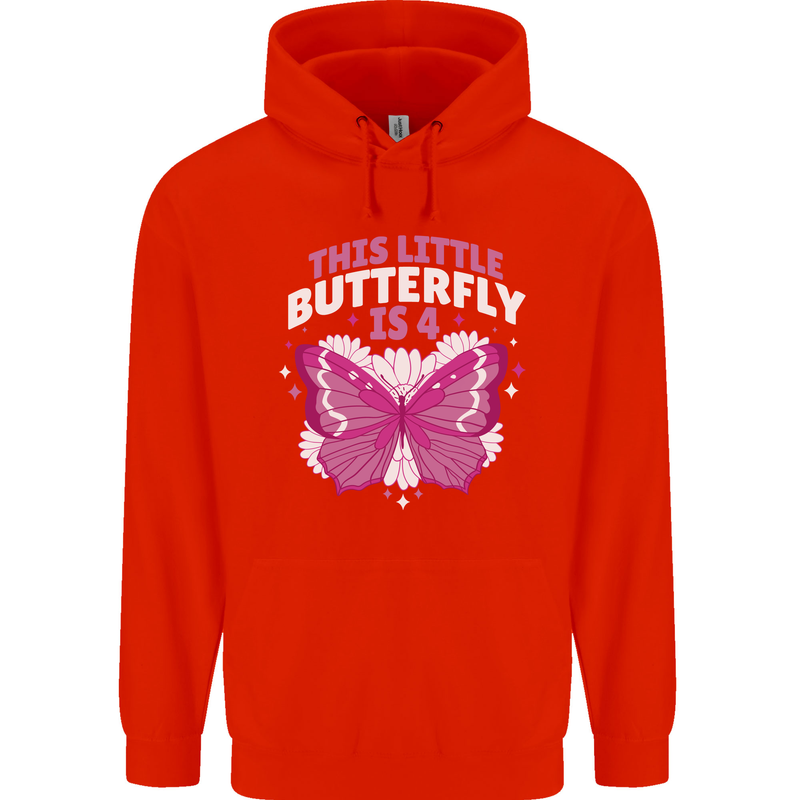 4 Year Old Birthday Butterfly 4th Childrens Kids Hoodie Bright Red