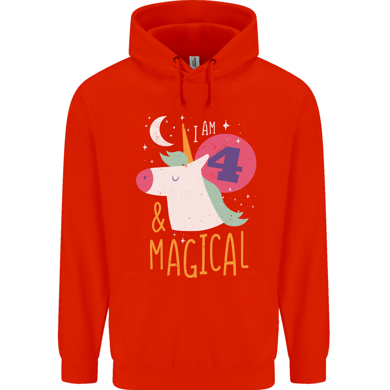 4 Year Old Birthday Girl Magical Unicorn 4th Childrens Kids Hoodie Bright Red
