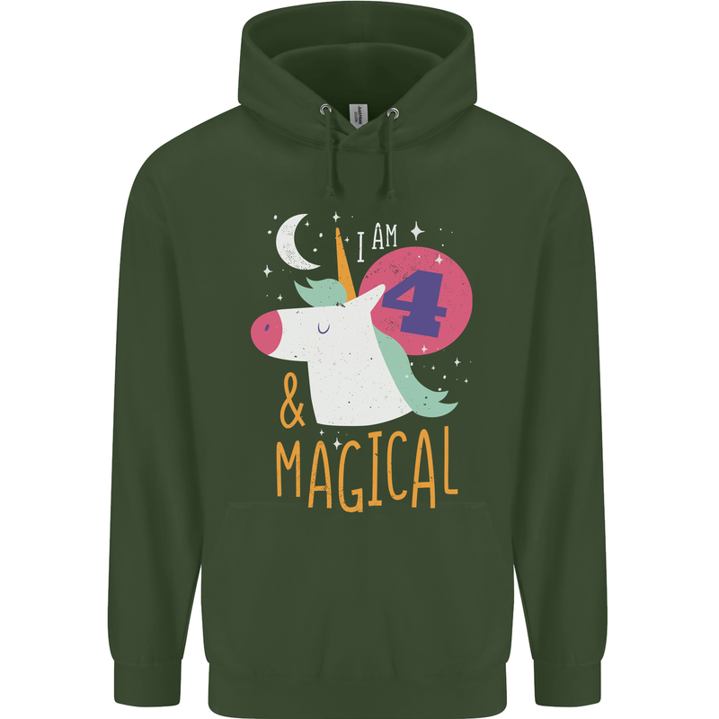 4 Year Old Birthday Girl Magical Unicorn 4th Childrens Kids Hoodie Forest Green