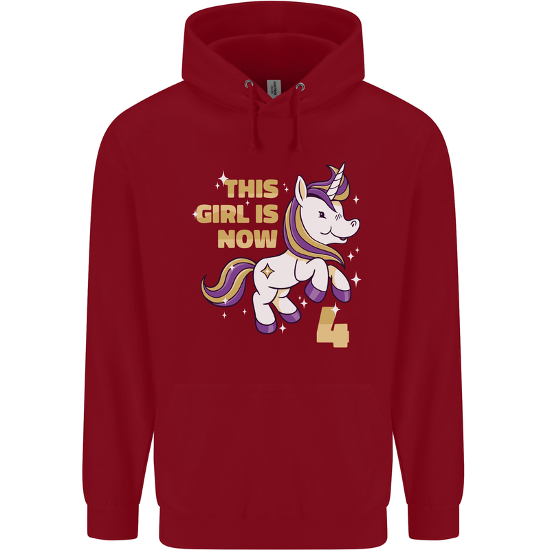 4 Year Old Birthday Girl Magical Unicorn 4th Childrens Kids Hoodie Red
