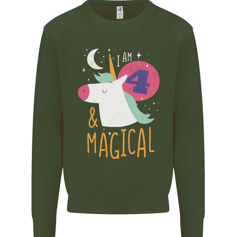 4 Year Old Birthday Girl Magical Unicorn 4th Kids Sweatshirt Jumper Forest Green