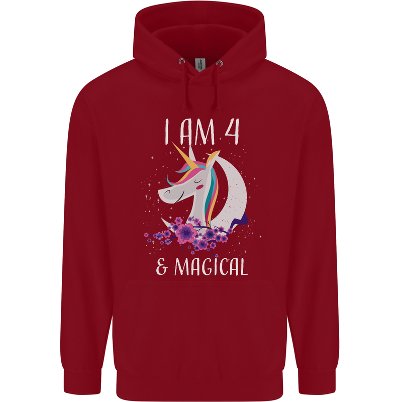 4 Year Old Birthday Magical Unicorn 4th Childrens Kids Hoodie Red