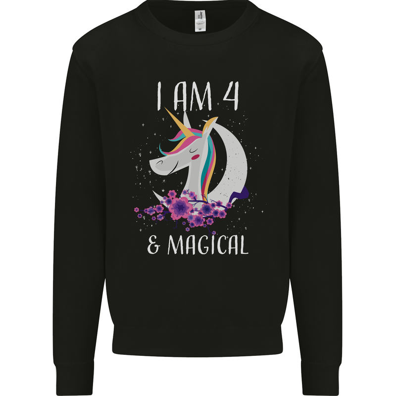 4 Year Old Birthday Magical Unicorn 4th Kids Sweatshirt Jumper Black