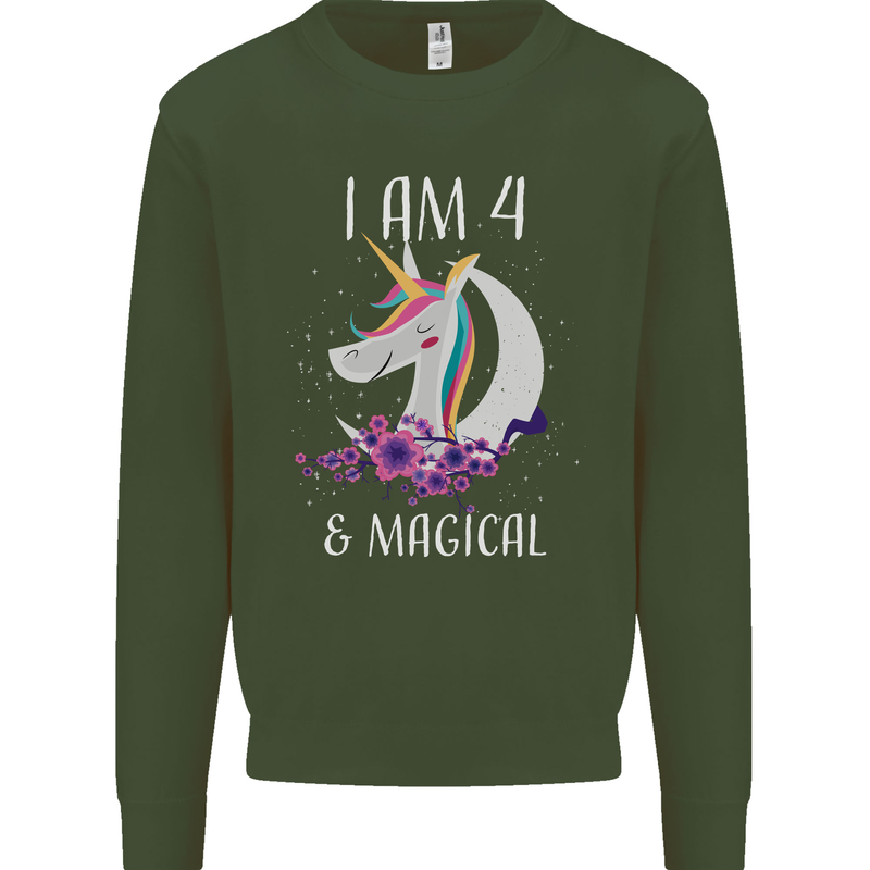 4 Year Old Birthday Magical Unicorn 4th Kids Sweatshirt Jumper Forest Green