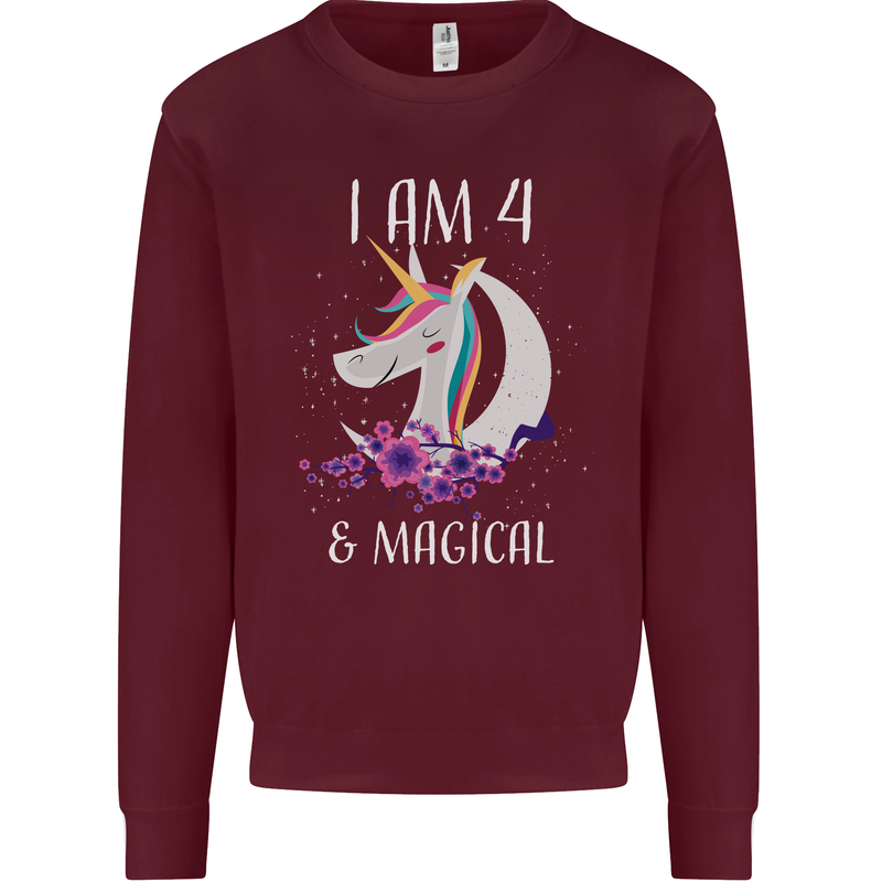 4 Year Old Birthday Magical Unicorn 4th Kids Sweatshirt Jumper Maroon