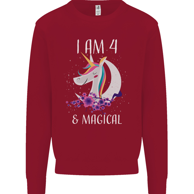 4 Year Old Birthday Magical Unicorn 4th Kids Sweatshirt Jumper Red