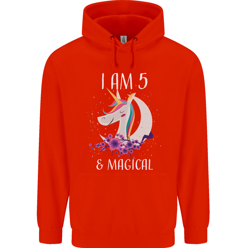 5 Year Old Birthday Magical Unicorn 5th Childrens Kids Hoodie Bright Red
