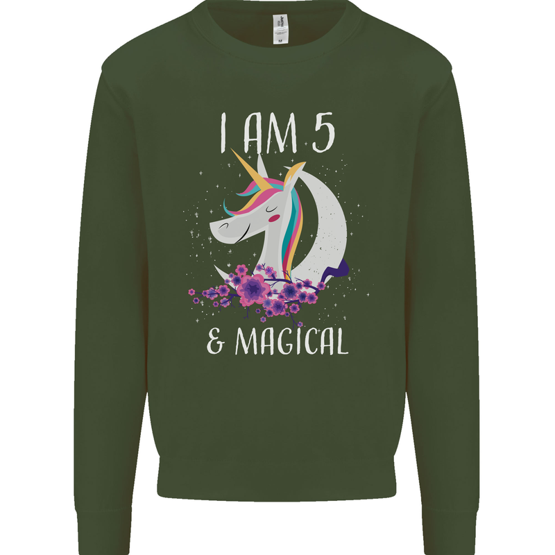 5 Year Old Birthday Magical Unicorn 5th Kids Sweatshirt Jumper Forest Green