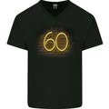 60th Birthday Neon Lights 60 Year Old Mens V-Neck Cotton T-Shirt Black