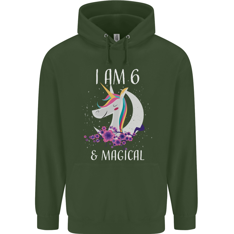 6 Year Old Birthday Magical Unicorn 6th Childrens Kids Hoodie Forest Green