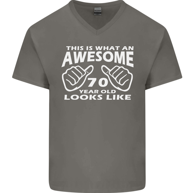 70th Birthday 70 Year Old This Is What Mens V-Neck Cotton T-Shirt Charcoal