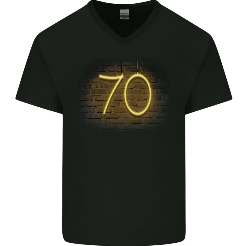 70th Birthday Neon Lights 70 Year Old Mens V-Neck Cotton T-Shirt Black