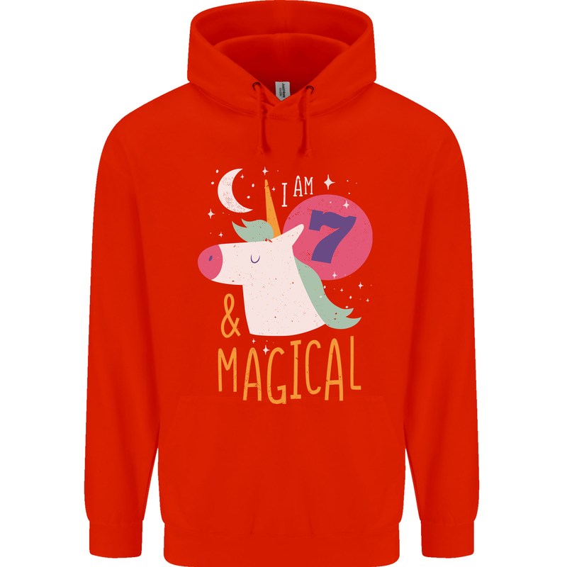 7 Year Old Birthday Girl Magical Unicorn 7th Childrens Kids Hoodie Bright Red