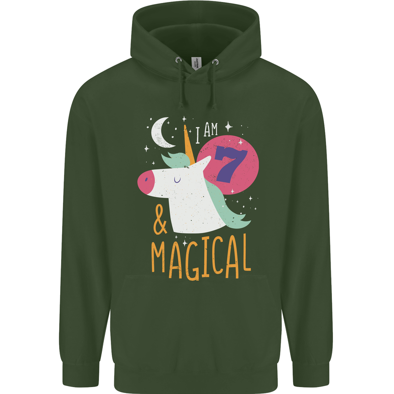 7 Year Old Birthday Girl Magical Unicorn 7th Childrens Kids Hoodie Forest Green