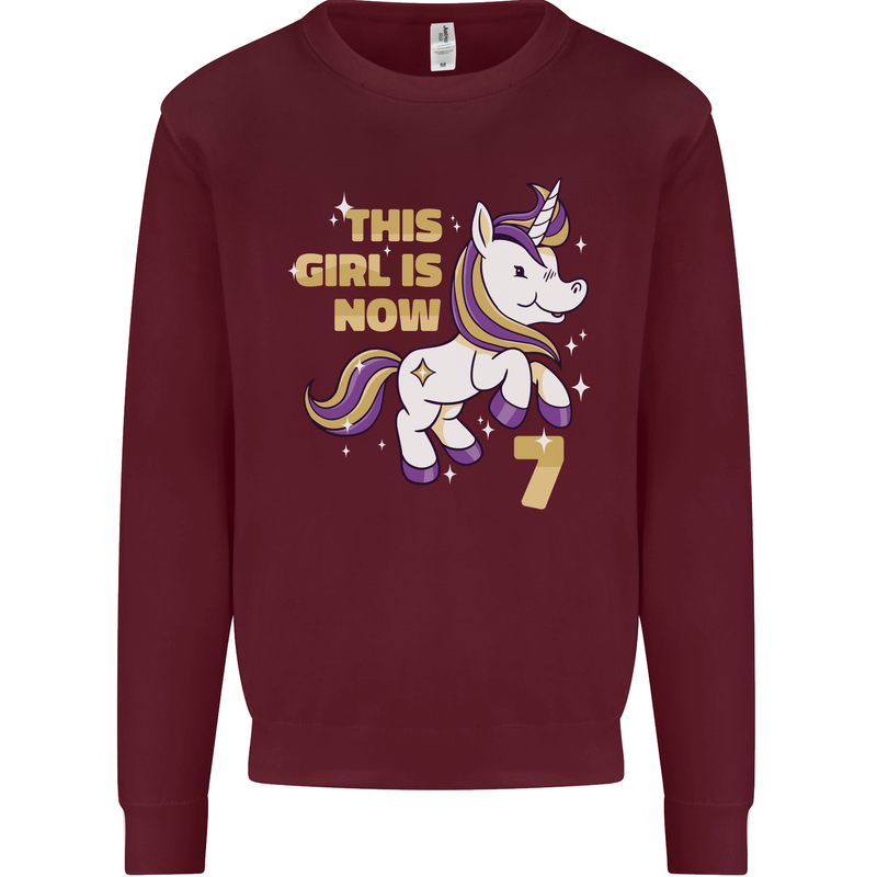 7 Year Old Birthday Girl Magical Unicorn 7th Kids Sweatshirt Jumper Maroon