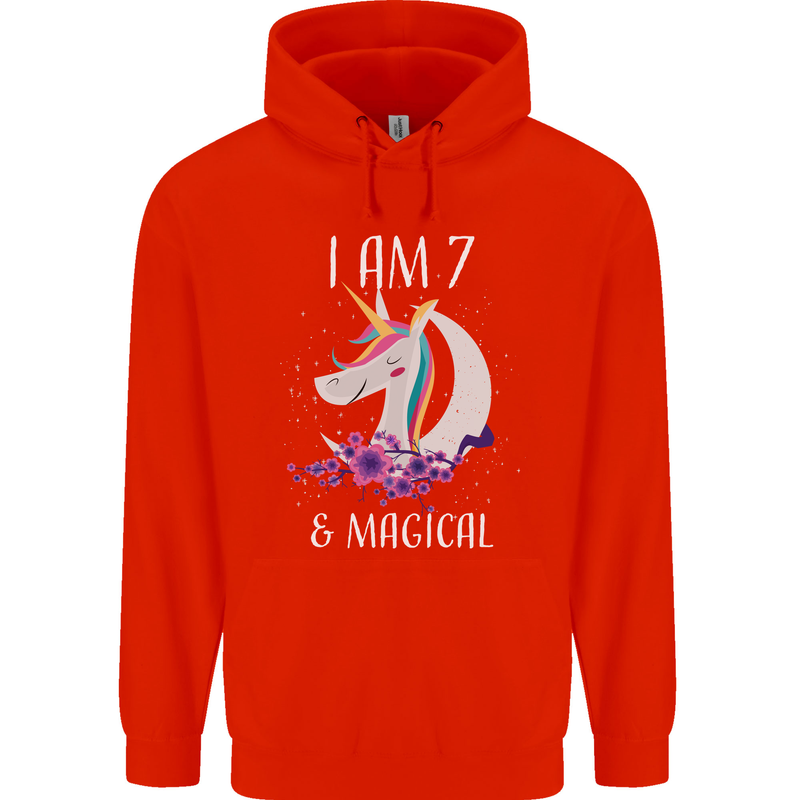 7 Year Old Birthday Magical Unicorn 7th Childrens Kids Hoodie Bright Red