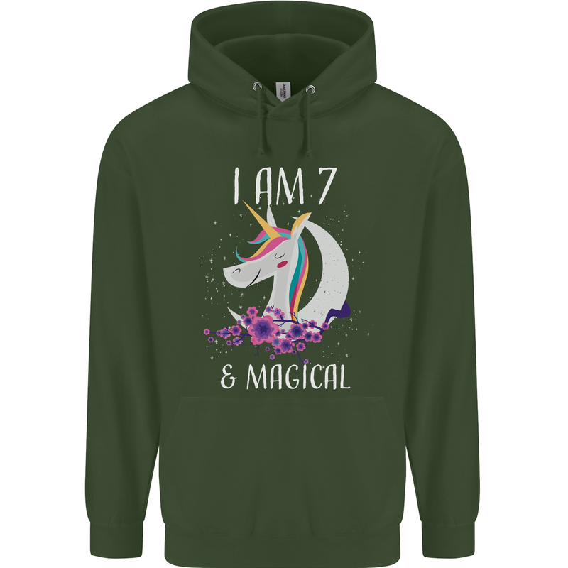7 Year Old Birthday Magical Unicorn 7th Childrens Kids Hoodie Forest Green