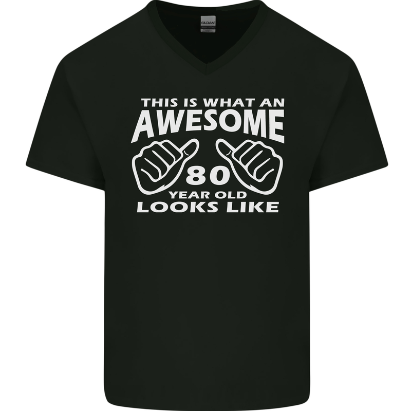 80th Birthday 80 Year Old This Is What Mens V-Neck Cotton T-Shirt Black