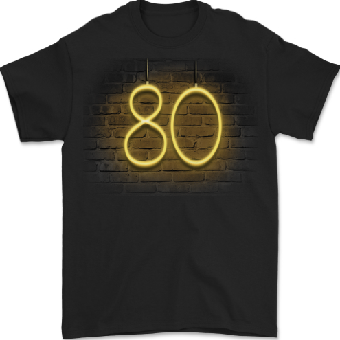 80th Birthday Neon Lights 80 Year Old Mens T-Shirt 100% Cotton BLACK