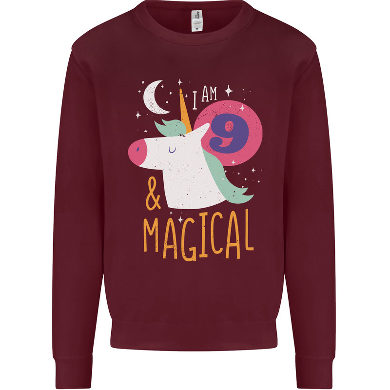 9 Year Old Birthday Girl Magical Unicorn 9th Kids Sweatshirt Jumper Maroon