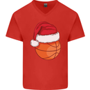 A Basketball Wearing a Christmas Hat Xmas Mens V-Neck Cotton T-Shirt Red