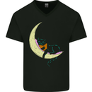 A Chilled Cat Reading a Book on the Moon Mens V-Neck Cotton T-Shirt Black