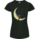 A Chilled Cat Reading a Book on the Moon Womens Petite Cut T-Shirt Black
