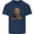 A Dog Reading a Book Mens V-Neck Cotton T-Shirt Navy Blue