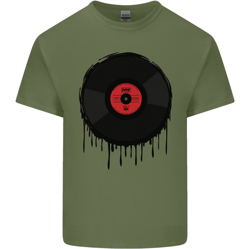 A Dripping Vinyl Record Turntable Decks DJ Mens Cotton T-Shirt Tee Top Military Green