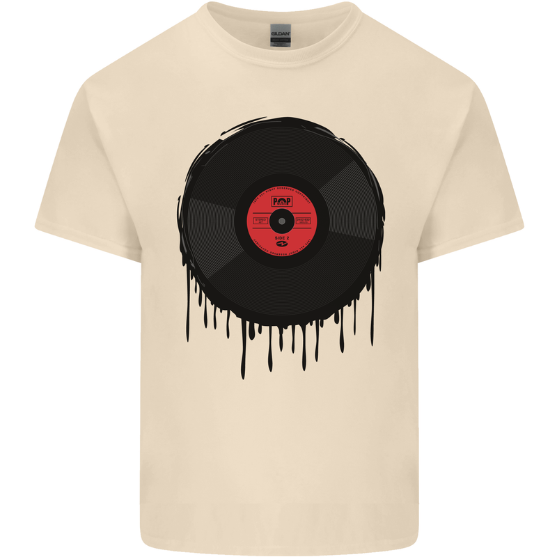 A Dripping Vinyl Record Turntable Decks DJ Mens Cotton T-Shirt Tee Top Natural