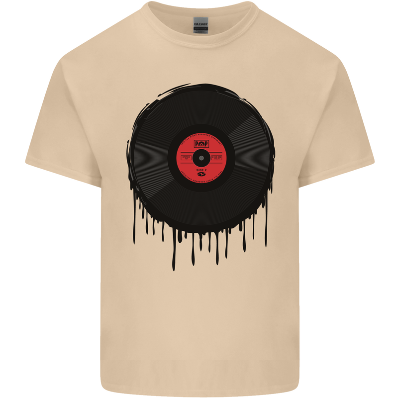 A Dripping Vinyl Record Turntable Decks DJ Mens Cotton T-Shirt Tee Top Sand