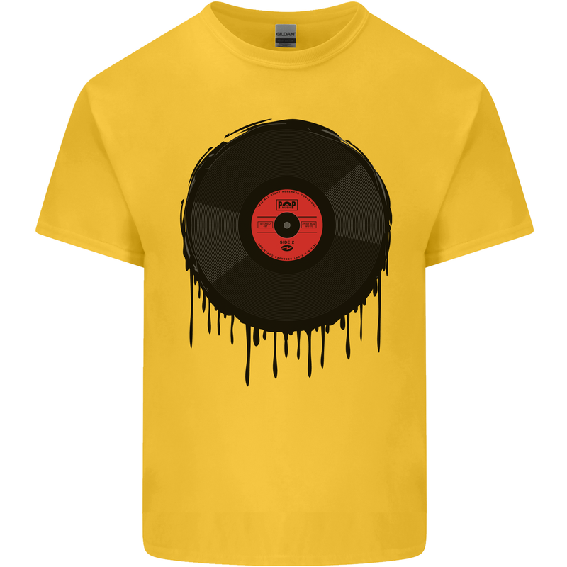 A Dripping Vinyl Record Turntable Decks DJ Mens Cotton T-Shirt Tee Top Yellow