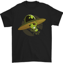 a black t - shirt with an alien riding a surfboard