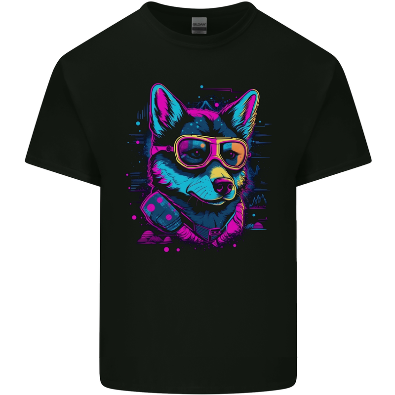 A Retrowave Husky Dog Mens Cotton T-Shirt Tee Top Black