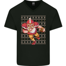 American Football Santa Christmas Xmas Mens V-Neck Cotton T-Shirt Black