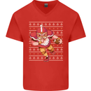 American Football Santa Christmas Xmas Mens V-Neck Cotton T-Shirt Red