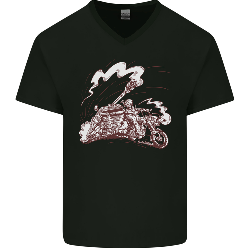 An Army Biker With Tank Skull Motorcycle Mens V-Neck Cotton T-Shirt Black