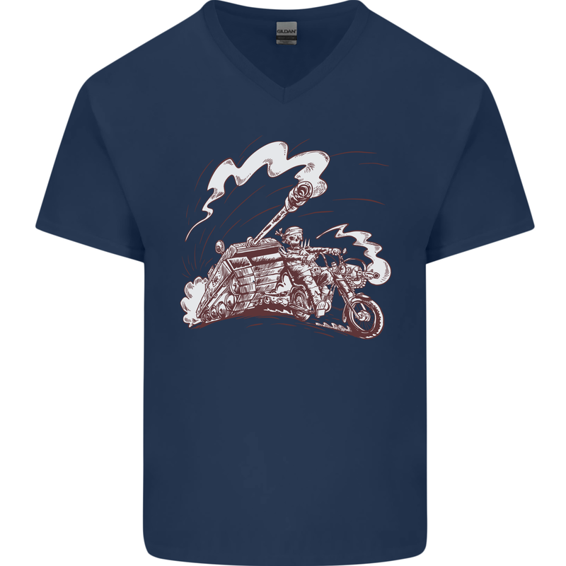 An Army Biker With Tank Skull Motorcycle Mens V-Neck Cotton T-Shirt Navy Blue
