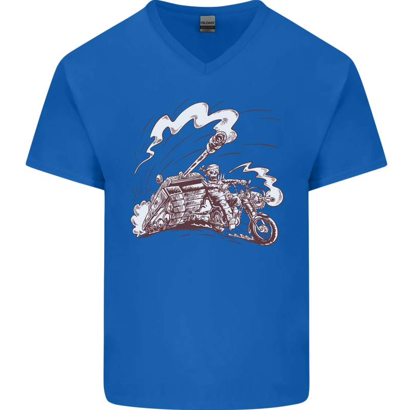 An Army Biker With Tank Skull Motorcycle Mens V-Neck Cotton T-Shirt Royal Blue