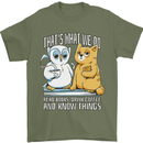 An Owl & Cat Book Reading Bibliophile Mens T-Shirt 100% Cotton Military Green