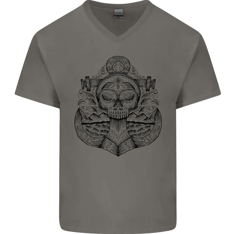 Anchor Skull Sailor Sailing Captain Pirate Ship Mens V-Neck Cotton T-Shirt Charcoal